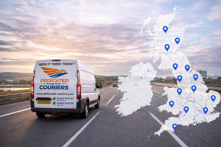 Dedicated Couriers delivery van on highway with UK map showing delivery location pins overlaid on the right side