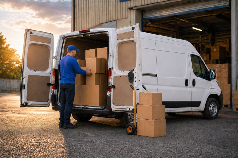 Delivery worker in blue uniform loading cardboard boxes into white cargo van at warehouse during sunset