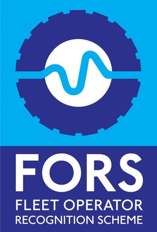 FORS Fleet Operator Recognition Scheme logo featuring a blue wave symbol in a gear-shaped circle on light blue background with dark blue banner below