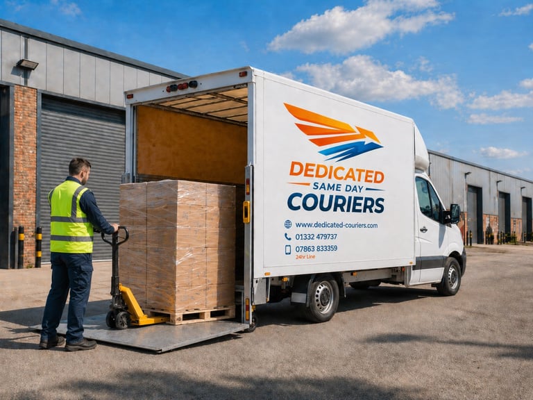 Dedicated Couriers delivery van being loaded with a pallet by a worker in a yellow safety vest at an industrial facility