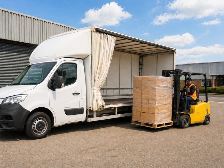 White delivery van with open cargo area next to yellow forklift loading a cardboard pallet box