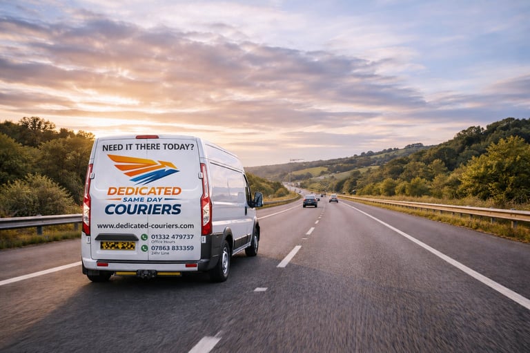 White Dedicated Couriers delivery van driving on a highway with rolling hills and sunset sky in background