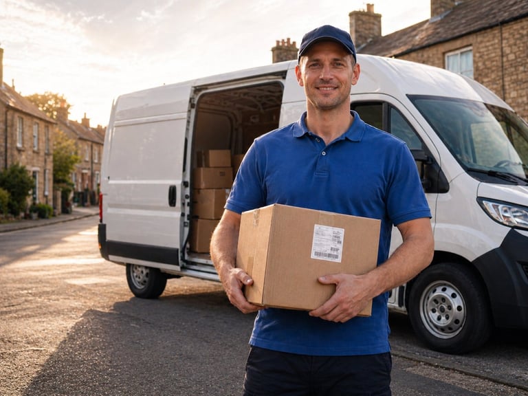 Delivery driver in blue uniform holding cardboard package in front of white van on residential street