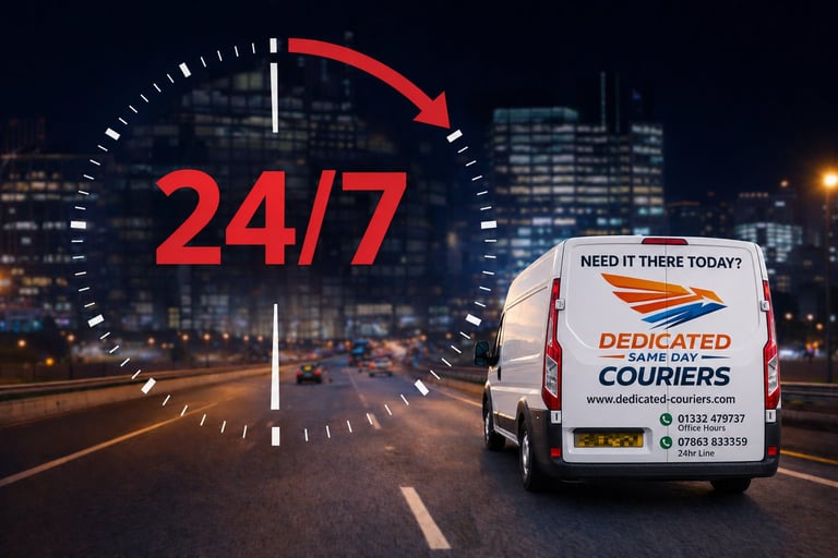 Delivery van on nighttime city street with 24/7 clock graphic overlay advertising same-day courier service