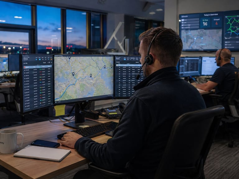 Person monitoring a map display in a control room with multiple data screens and colleagues working at desks